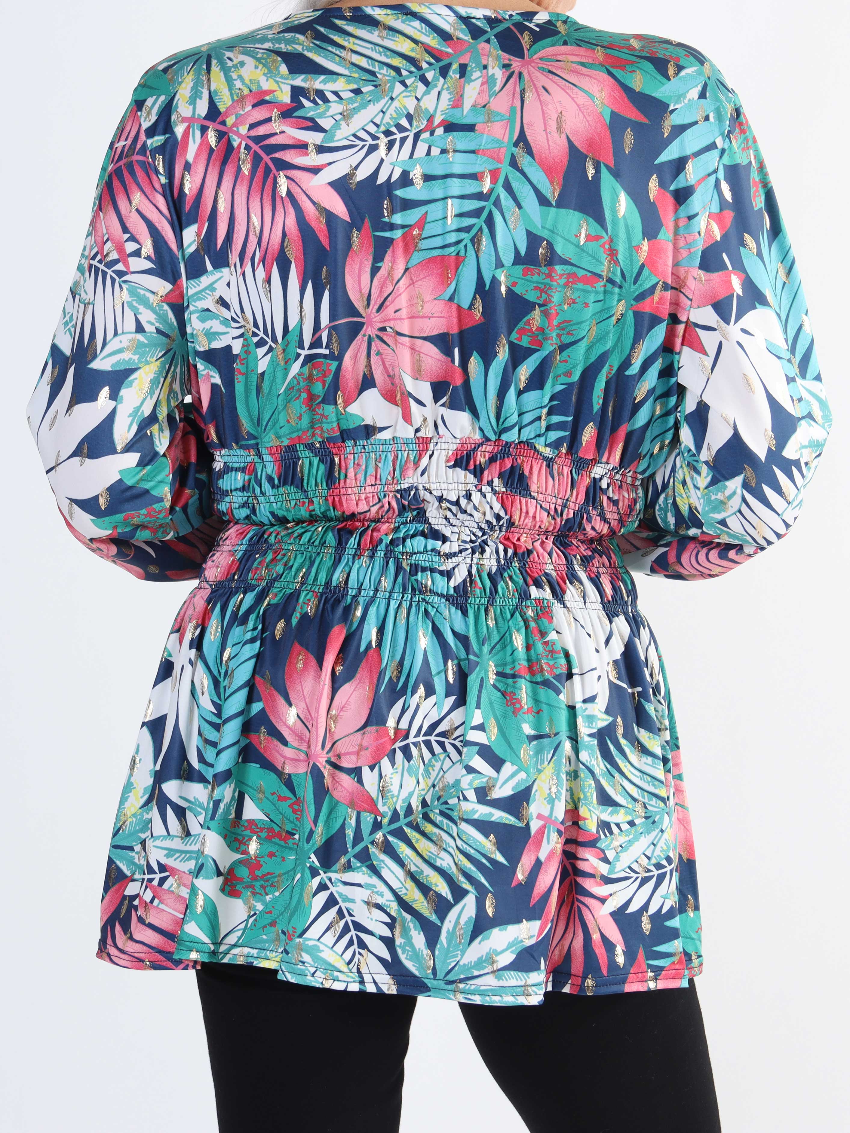 Pams Leaf Shirt L/S - Elastisk plus size bluse i krølfrit stof